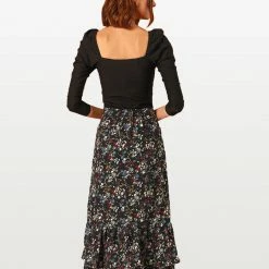 Allegra K Women's Printed Elastic Waist Tiered Ruffle Hem Flowy Midi Skirt