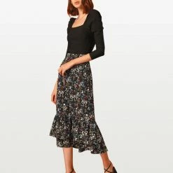 Allegra K Women's Printed Elastic Waist Tiered Ruffle Hem Flowy Midi Skirt