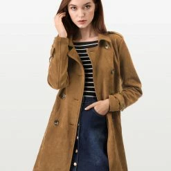 Allegra K Double Breasted Faux Suede Trench Coat With Belt Women