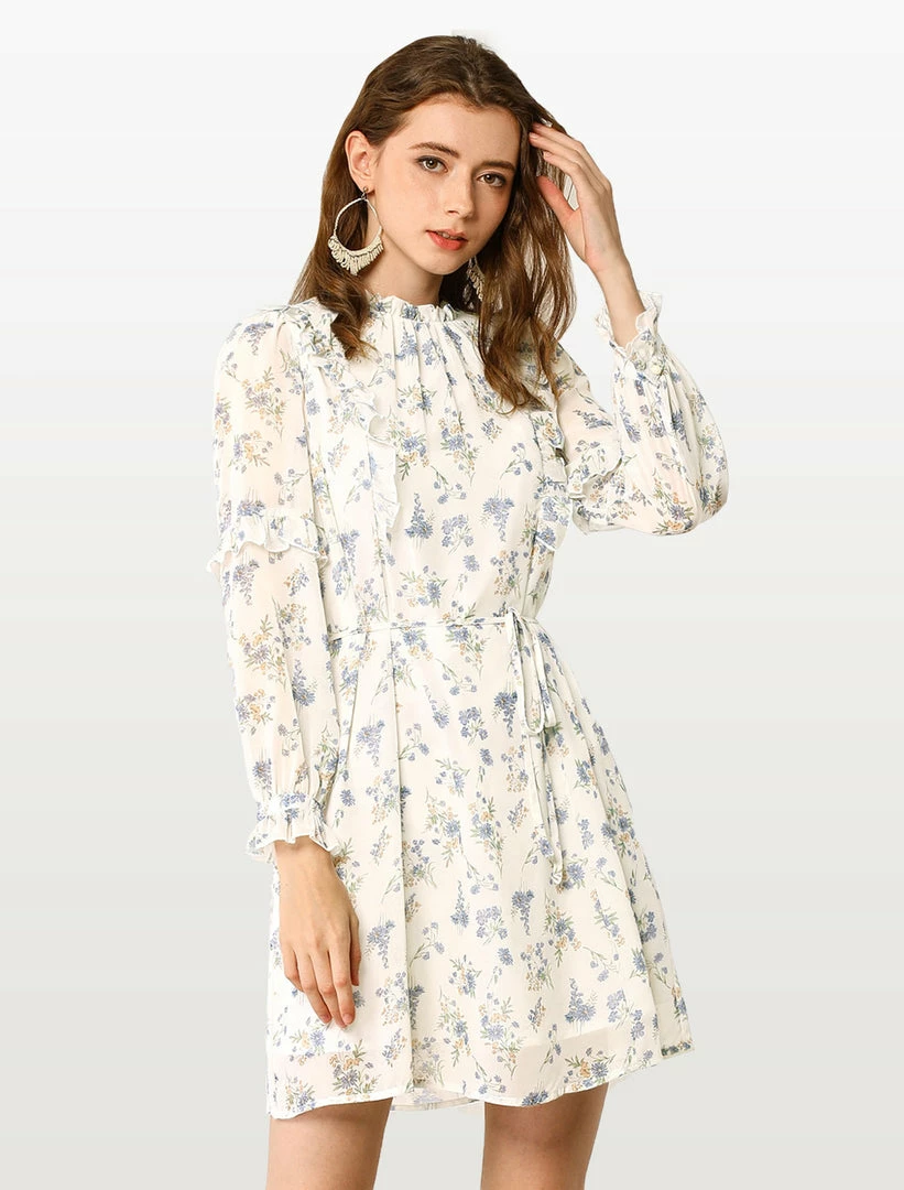 Allegra K Women's Floral Tie Waist Long Sleeve Ruffle Chiffon Dress 4 Allegra K Women's Floral Tie Waist Long Sleeve Ruffle Chiffon Dress