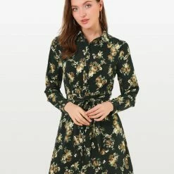 Women Allegra K Lapel Button Down Belted Floral Shirt Dress