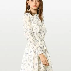 Allegra K Women's Floral Tie Waist Long Sleeve Ruffle Chiffon Dress 13 Allegra K Women's Floral Tie Waist Long Sleeve Ruffle Chiffon Dress