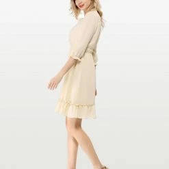 Allegra K Ruffle Hem 3/4 Sleeve A-Line Short Chiffon Dress Women