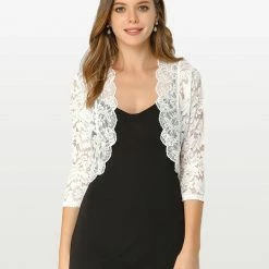 Allegra K Women's Elegant 3/4 Sleeve Sheer Floral Lace Shrug Top