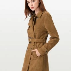 Allegra K Double Breasted Faux Suede Trench Coat With Belt Women