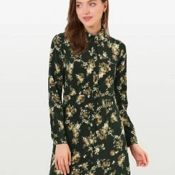 Women Allegra K Lapel Button Down Belted Floral Shirt Dress