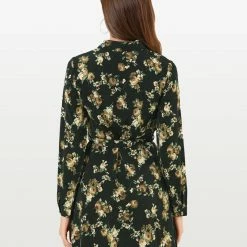 Women Allegra K Lapel Button Down Belted Floral Shirt Dress