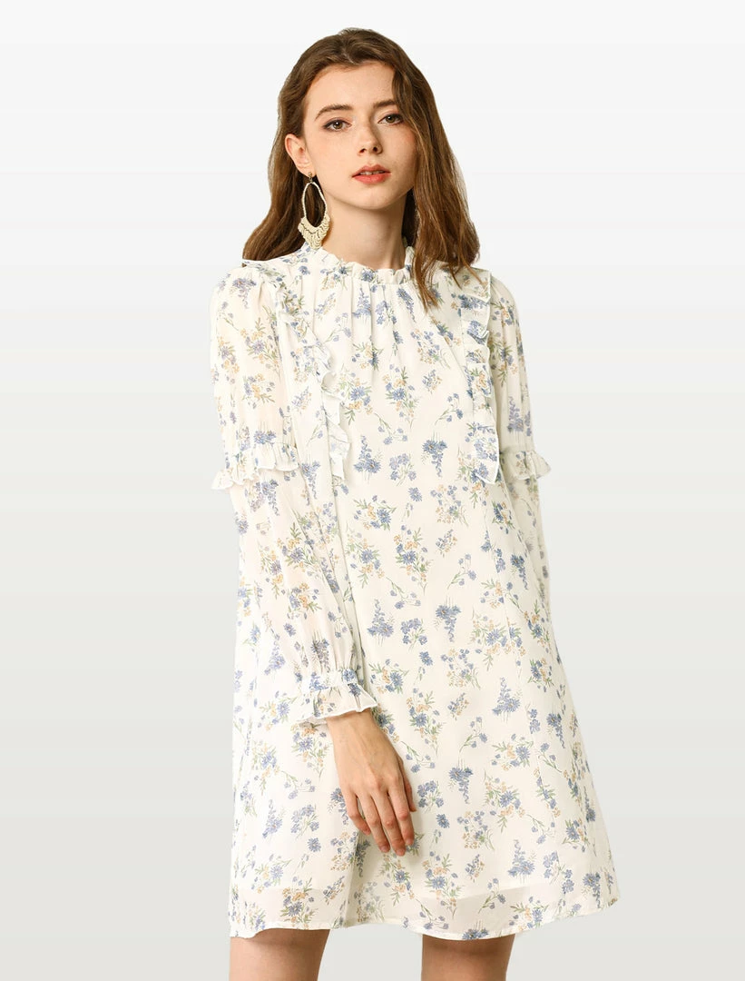 Allegra K Women's Floral Tie Waist Long Sleeve Ruffle Chiffon Dress 5 Allegra K Women's Floral Tie Waist Long Sleeve Ruffle Chiffon Dress
