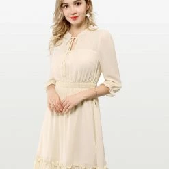Allegra K Ruffle Hem 3/4 Sleeve A-Line Short Chiffon Dress Women