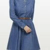 Allegra K Women's Long Sleeves Belted Flared Above Knee Denim Shirt Dress