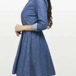 Allegra K Women's Long Sleeves Belted Flared Above Knee Denim Shirt Dress