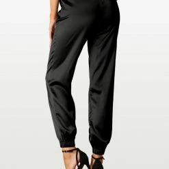 Allegra K Women's Drawstring Elastic Waist Athleisure Pants Ankle Length Satin Joggers With Pocket