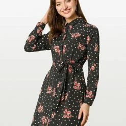 Women Allegra K Lapel Button Down Belted Floral Shirt Dress
