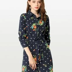 Women Allegra K Lapel Button Down Belted Floral Shirt Dress