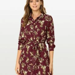 Women Allegra K Lapel Button Down Belted Floral Shirt Dress