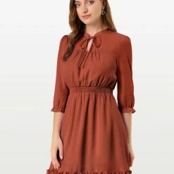 Allegra K Ruffle Hem 3/4 Sleeve A-Line Short Chiffon Dress Women