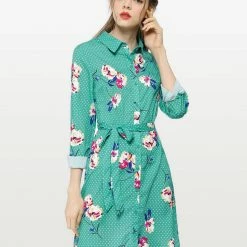 Women Allegra K Lapel Button Down Belted Floral Shirt Dress