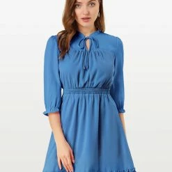 Allegra K Ruffle Hem 3/4 Sleeve A-Line Short Chiffon Dress Women