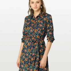 Women Allegra K Lapel Button Down Belted Floral Shirt Dress
