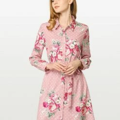 Women Allegra K Lapel Button Down Belted Floral Shirt Dress