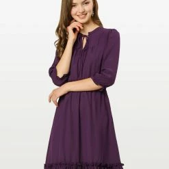 Allegra K Ruffle Hem 3/4 Sleeve A-Line Short Chiffon Dress Women