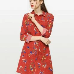 Women Allegra K Lapel Button Down Belted Floral Shirt Dress