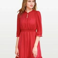 Allegra K Ruffle Hem 3/4 Sleeve A-Line Short Chiffon Dress Women