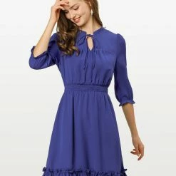 Allegra K Ruffle Hem 3/4 Sleeve A-Line Short Chiffon Dress Women