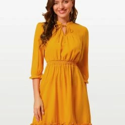 Allegra K Ruffle Hem 3/4 Sleeve A-Line Short Chiffon Dress Women