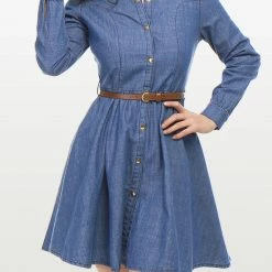 Allegra K Women's Long Sleeves Belted Flared Above Knee Denim Shirt Dress