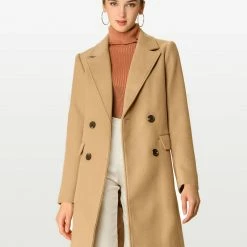 Allegra K Double Breasted Belted Pocket Trench Coat Women