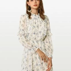 Allegra K Women's Floral Tie Waist Long Sleeve Ruffle Chiffon Dress