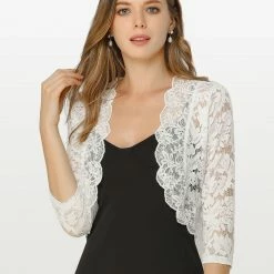 Allegra K Women's Elegant 3/4 Sleeve Sheer Floral Lace Shrug Top