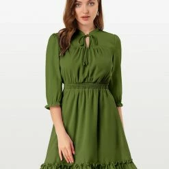 Allegra K Ruffle Hem 3/4 Sleeve A-Line Short Chiffon Dress Women
