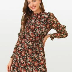 Allegra K Women's Floral Tie Waist Long Sleeve Ruffle Chiffon Dress 17 Allegra K Women's Floral Tie Waist Long Sleeve Ruffle Chiffon Dress