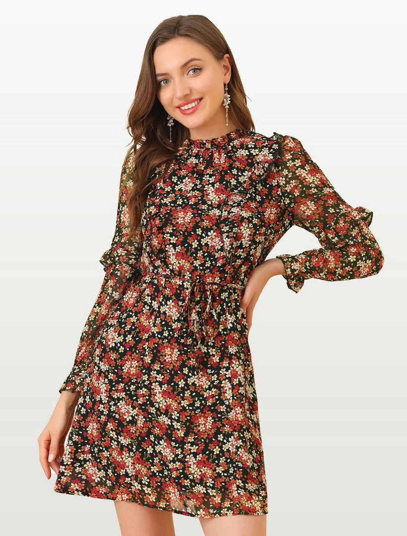 Allegra K Women's Floral Tie Waist Long Sleeve Ruffle Chiffon Dress 10 Allegra K Women's Floral Tie Waist Long Sleeve Ruffle Chiffon Dress