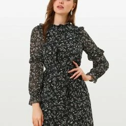 Allegra K Women's Floral Tie Waist Long Sleeve Ruffle Chiffon Dress 16 Allegra K Women's Floral Tie Waist Long Sleeve Ruffle Chiffon Dress