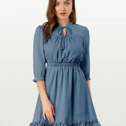 Allegra K Ruffle Hem 3/4 Sleeve A-Line Short Chiffon Dress Women