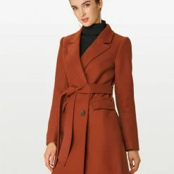 Allegra K Double Breasted Belted Pocket Trench Coat Women