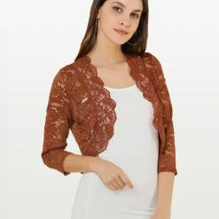 Allegra K Women's Elegant 3/4 Sleeve Sheer Floral Lace Shrug Top