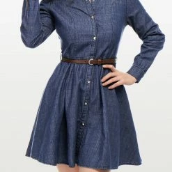 Allegra K Women's Long Sleeves Belted Flared Above Knee Denim Shirt Dress