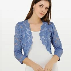 Allegra K Women's Elegant 3/4 Sleeve Sheer Floral Lace Shrug Top