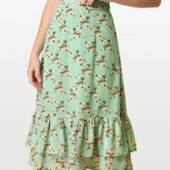 Allegra K Women's Printed Elastic Waist Tiered Ruffle Hem Flowy Midi Skirt