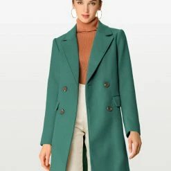 Allegra K Double Breasted Belted Pocket Trench Coat Women