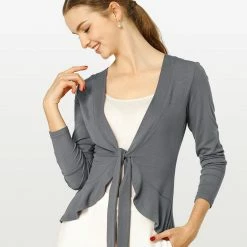 Allegra K Women's Tie Front Ruffled Hem Crop Knit Cardigan 30 Allegra K Women's Tie Front Ruffled Hem Crop Knit Cardigan