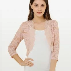 Allegra K Women's Elegant 3/4 Sleeve Sheer Floral Lace Shrug Top