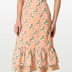 Allegra K Women's Printed Elastic Waist Tiered Ruffle Hem Flowy Midi Skirt