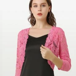 Allegra K Women's Elegant 3/4 Sleeve Sheer Floral Lace Shrug Top