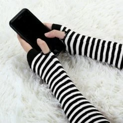 Allegra K Women Stripes Elastic Long Arm Warmer Gloves Fingerless Mitten Accessories
