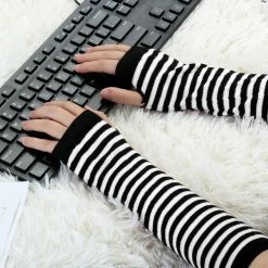 Allegra K Women Stripes Elastic Long Arm Warmer Gloves Fingerless Mitten Accessories